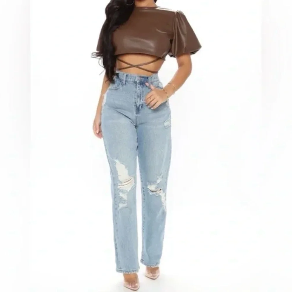Kirious Brown faux leather crop Top size small_2